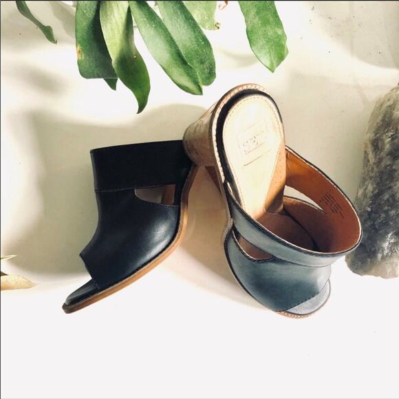 SEY Collection Black Tan Leather Mule Slide Open Toe Chunky Block Heel Shoes 9 - Picture 8 of 9